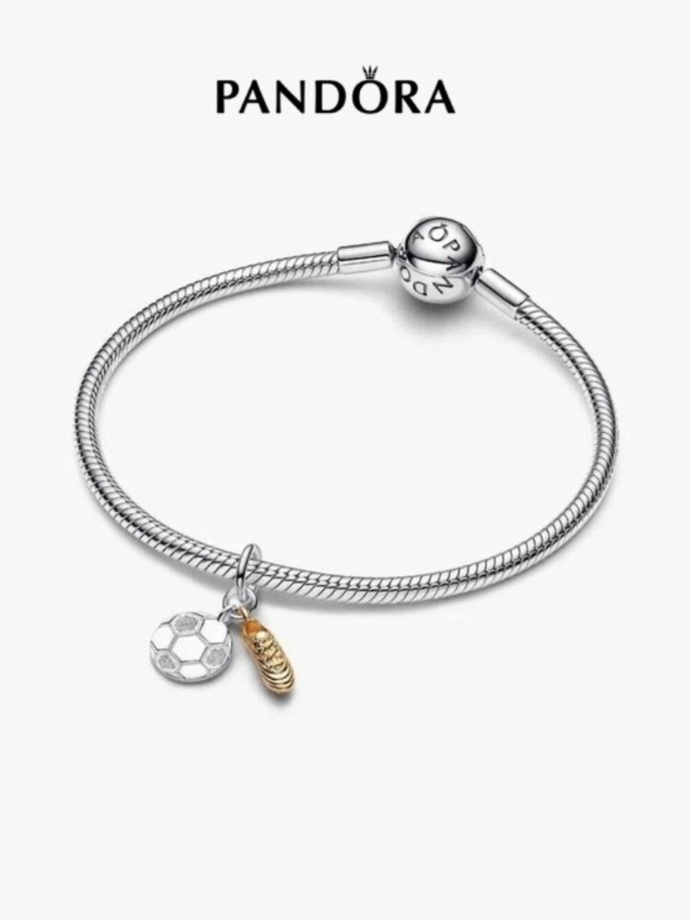 Pandora Silver Bracelet with Silver Soccer Ball and Gold Cleat Charms
